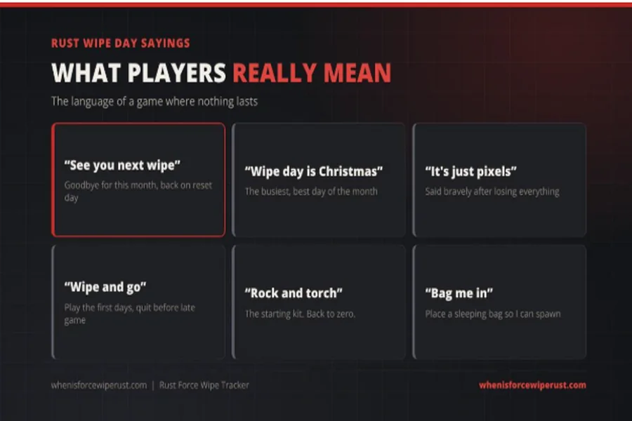 Six popular Rust sayings, including see you next wipe, it’s just pixels and wipe and go, with their meanings.